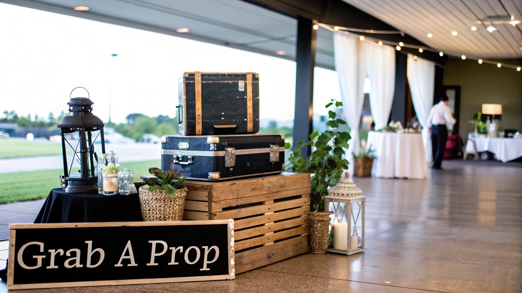 A rustic photo booth prop display with stacked suitcases and a 'Grab A Prop' sign at an event.