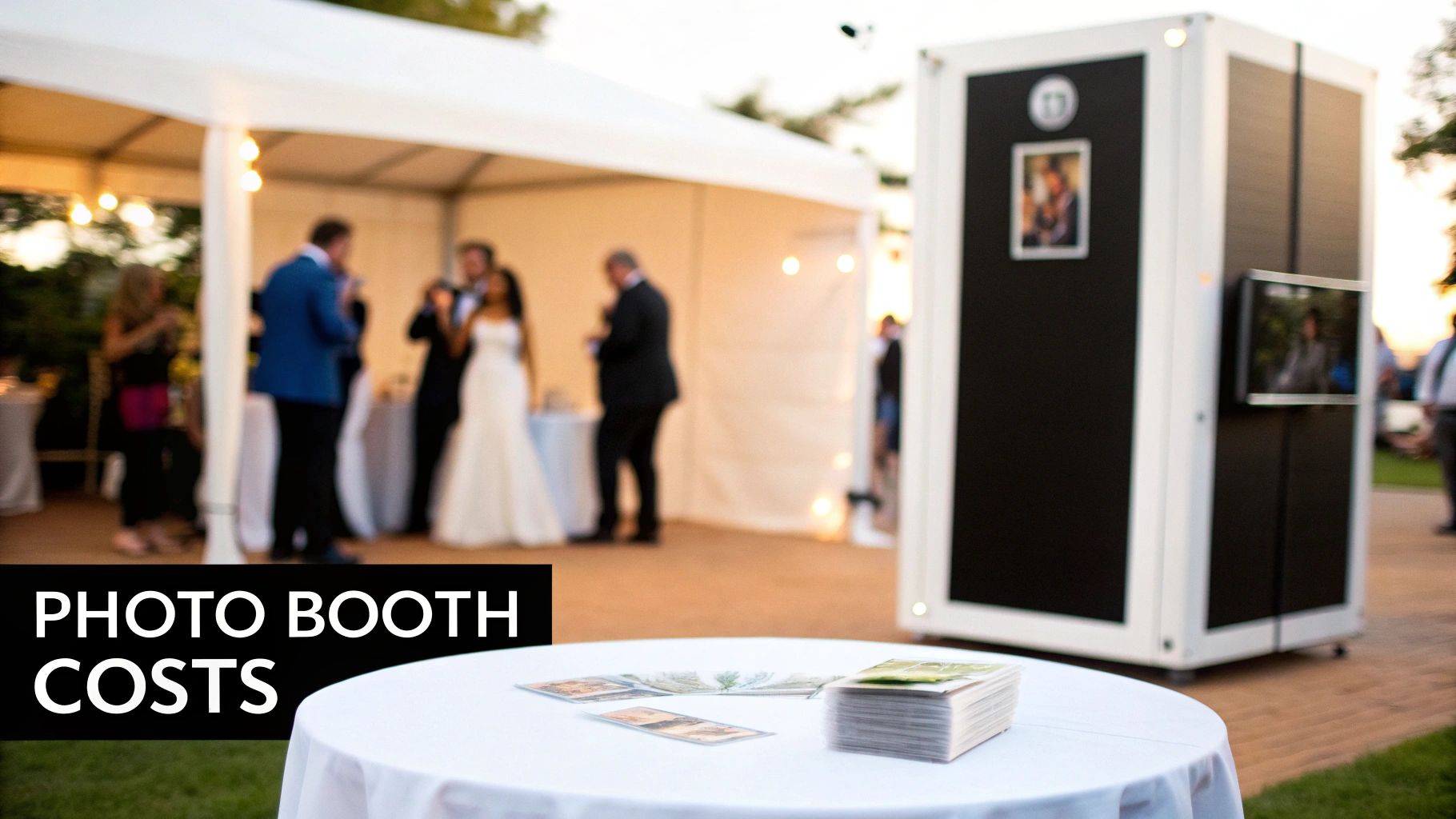 A modern photo booth set up at an outdoor wedding reception under a tent with guests.