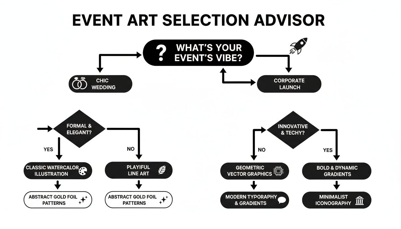 A flowchart titled 'EVENT ART SELECTION ADVISOR' guides users to select art styles based on event type and vibe.