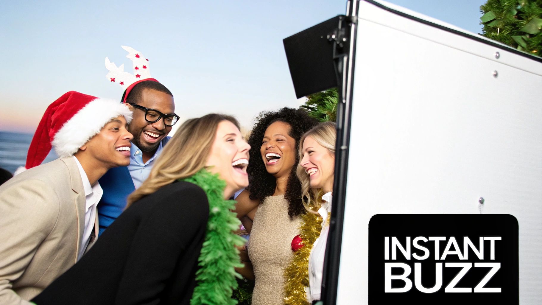 Happy diverse friends in festive attire laughing at an outdoor Christmas photo booth.