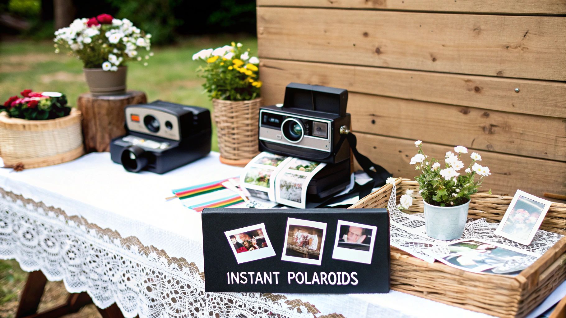 A decorated table at a wedding with Polaroid cameras and film for guests to use.