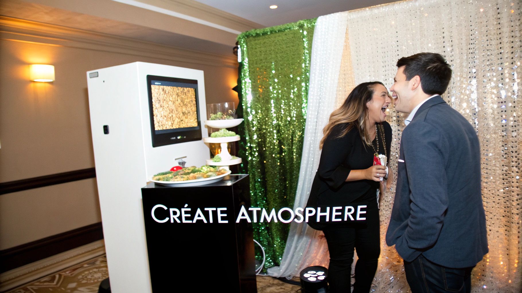 Happy couple laughing in front of a digital photo booth with sequined backdrop at an event.