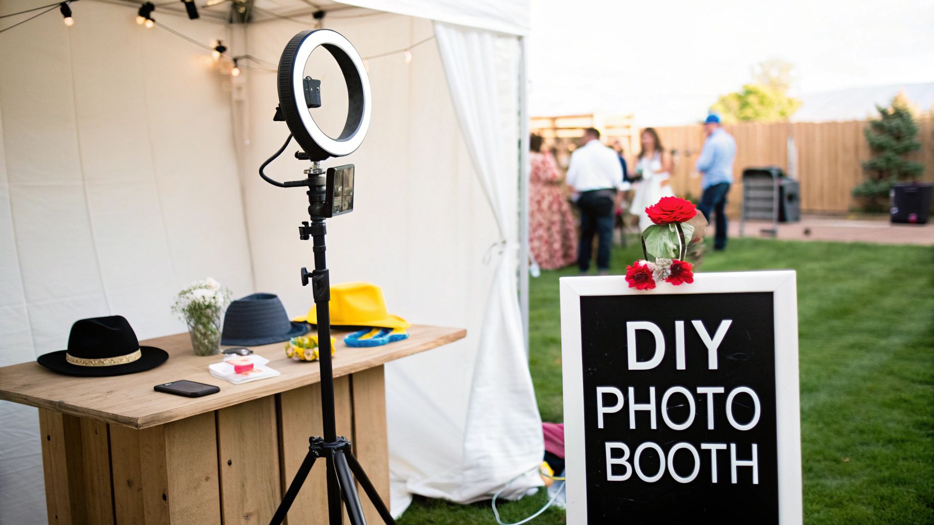 A DIY photo booth setup with a ring light, phone, props, and a sign at an outdoor event.