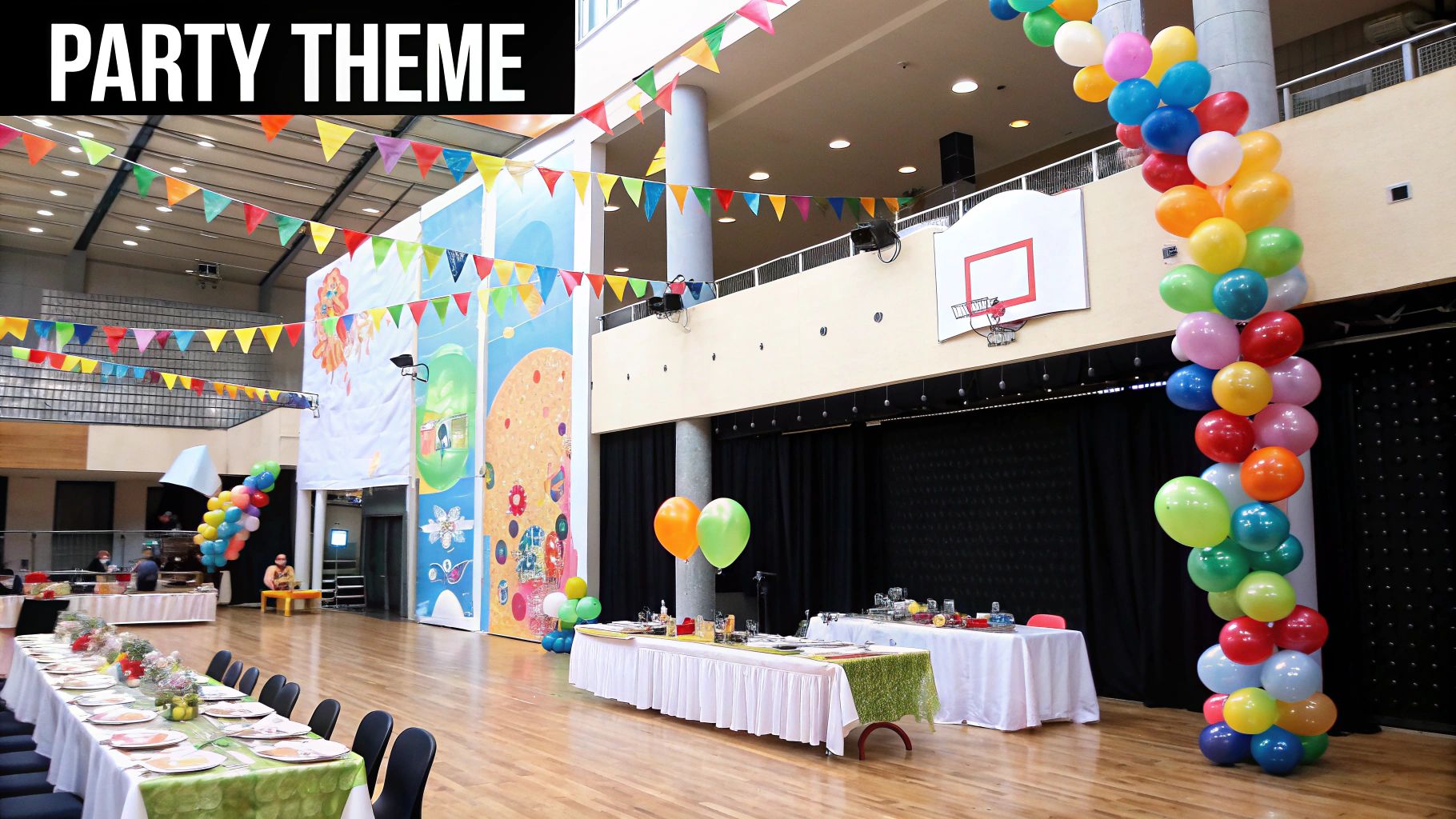 Image of vibrant party decorations, including colourful balloons and streamers, set up in a festive room.