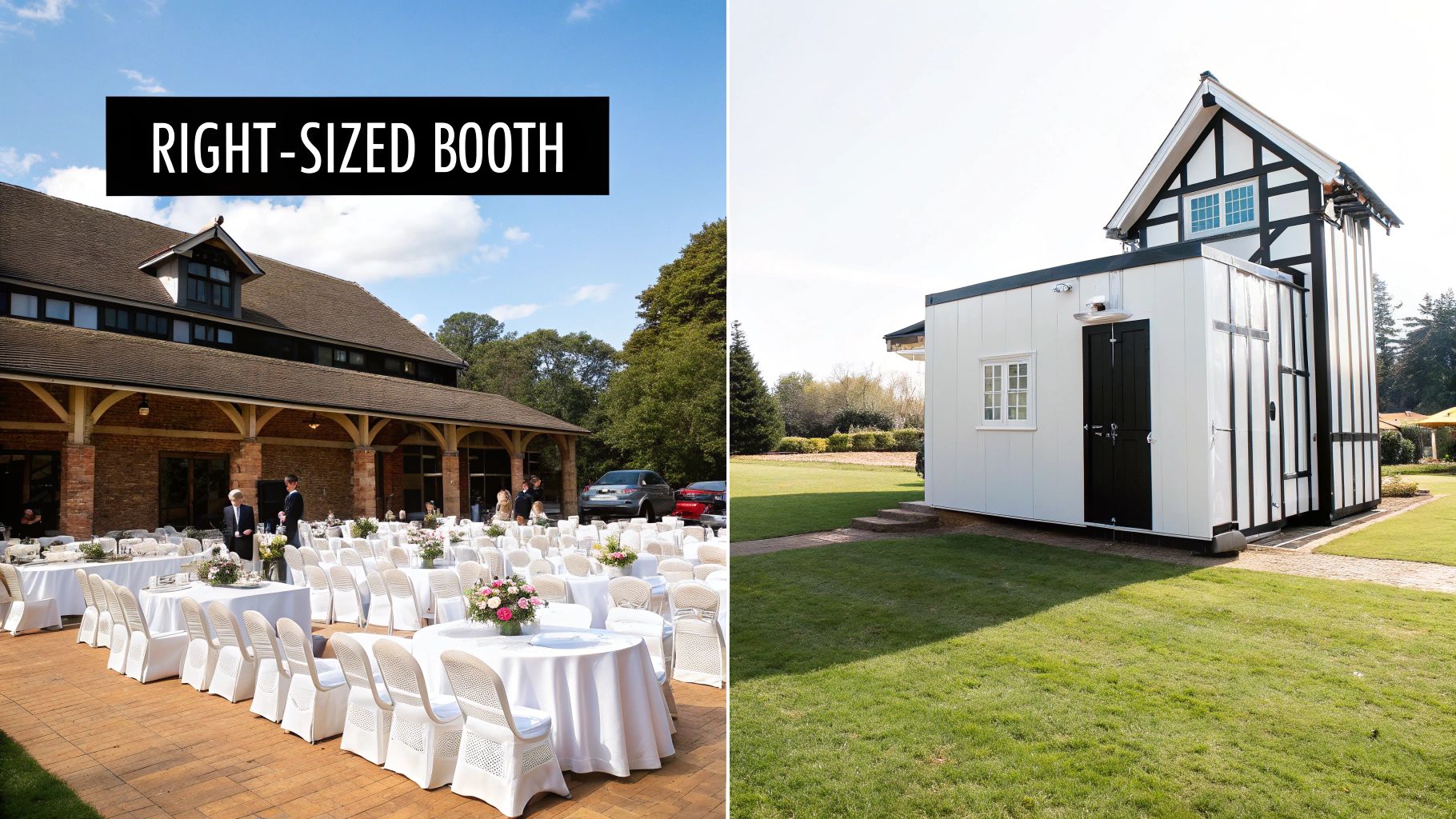 Outdoor wedding reception setup with white tables and chairs, next to a modern black and white event booth.