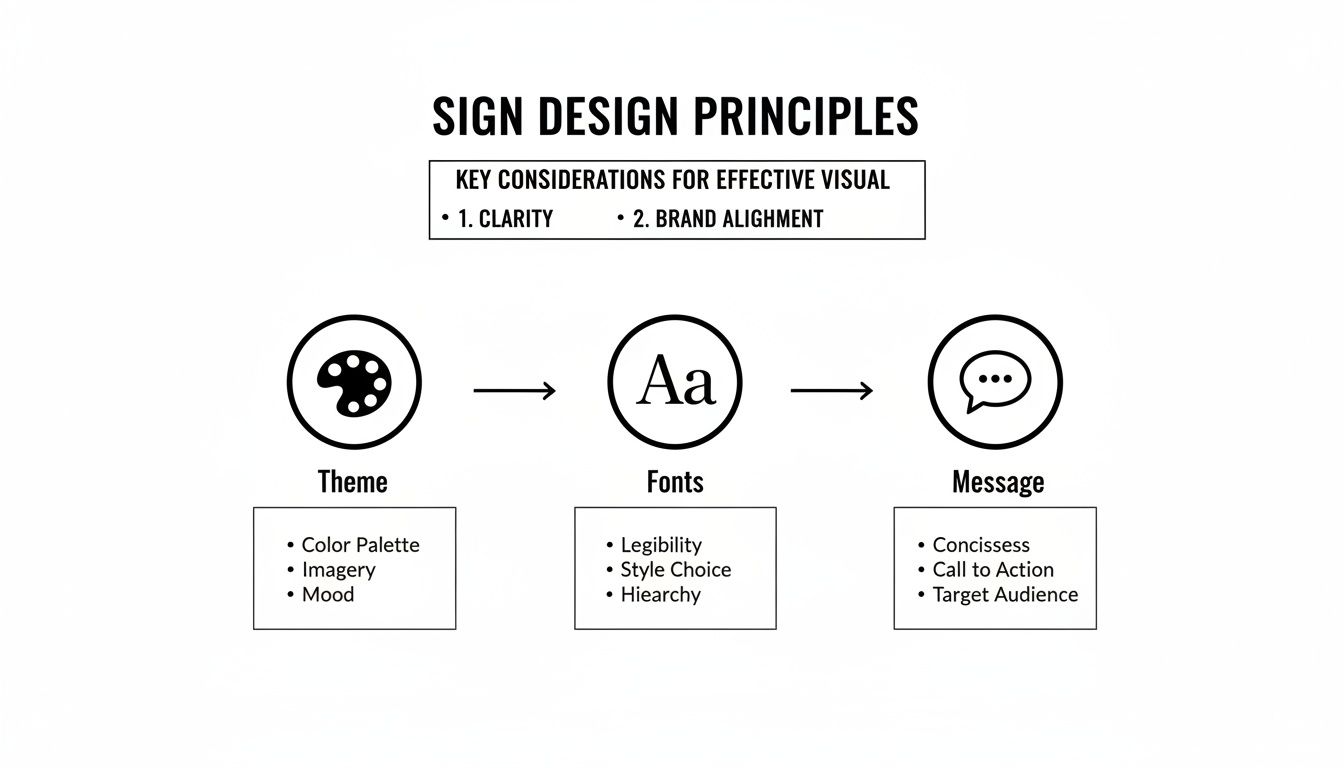 A diagram outlining sign design principles, focusing on theme, fonts, and message for effective visuals.