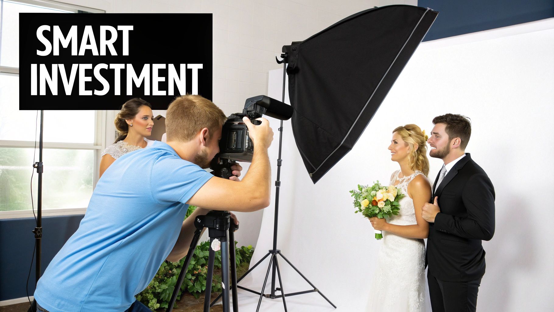 A professional photographer captures wedding portraits of a smiling bride and groom in a studio.