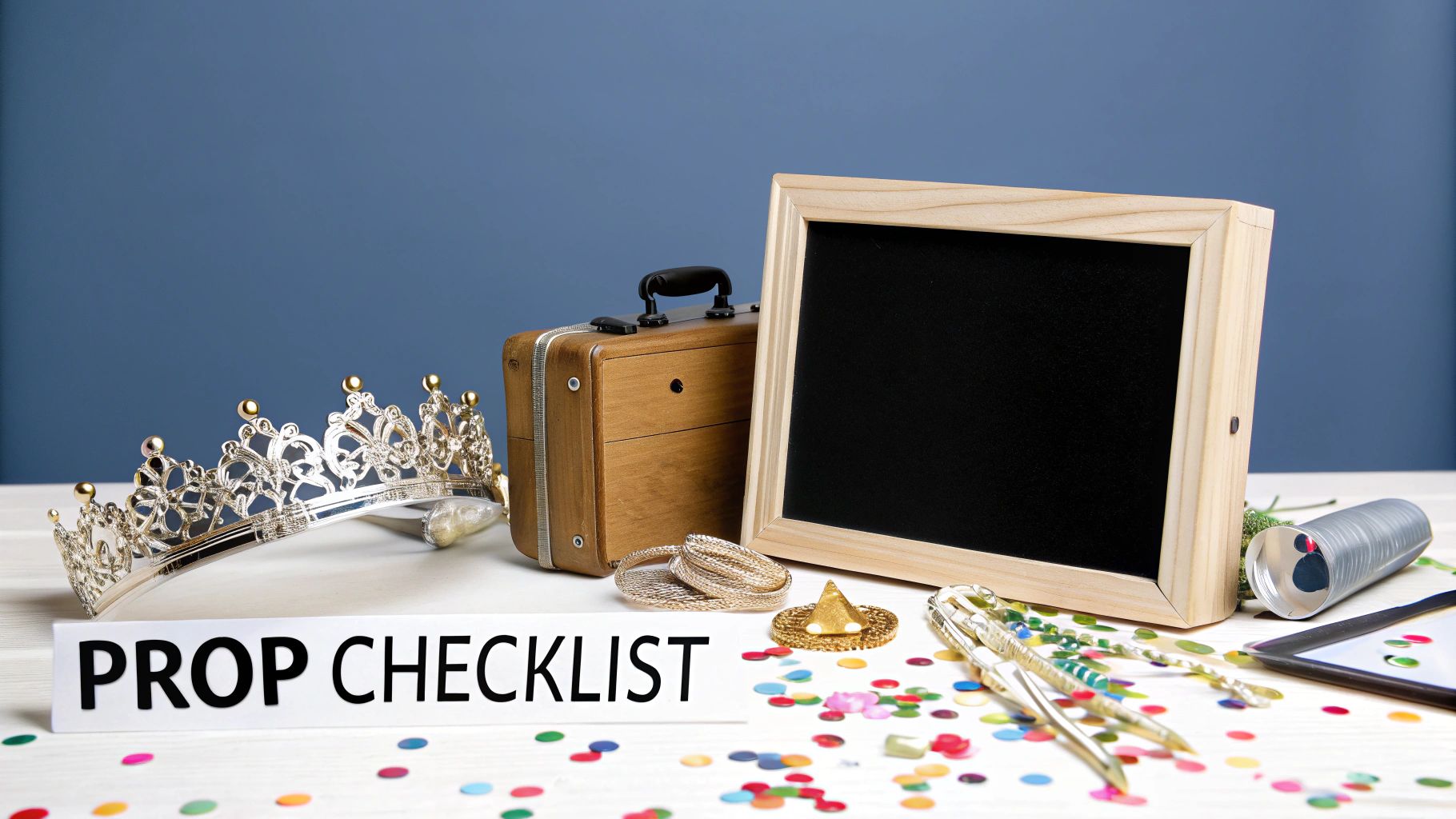 A collection of photo booth props and a 'PROP CHECKLIST' sign on a confetti-strewn table.