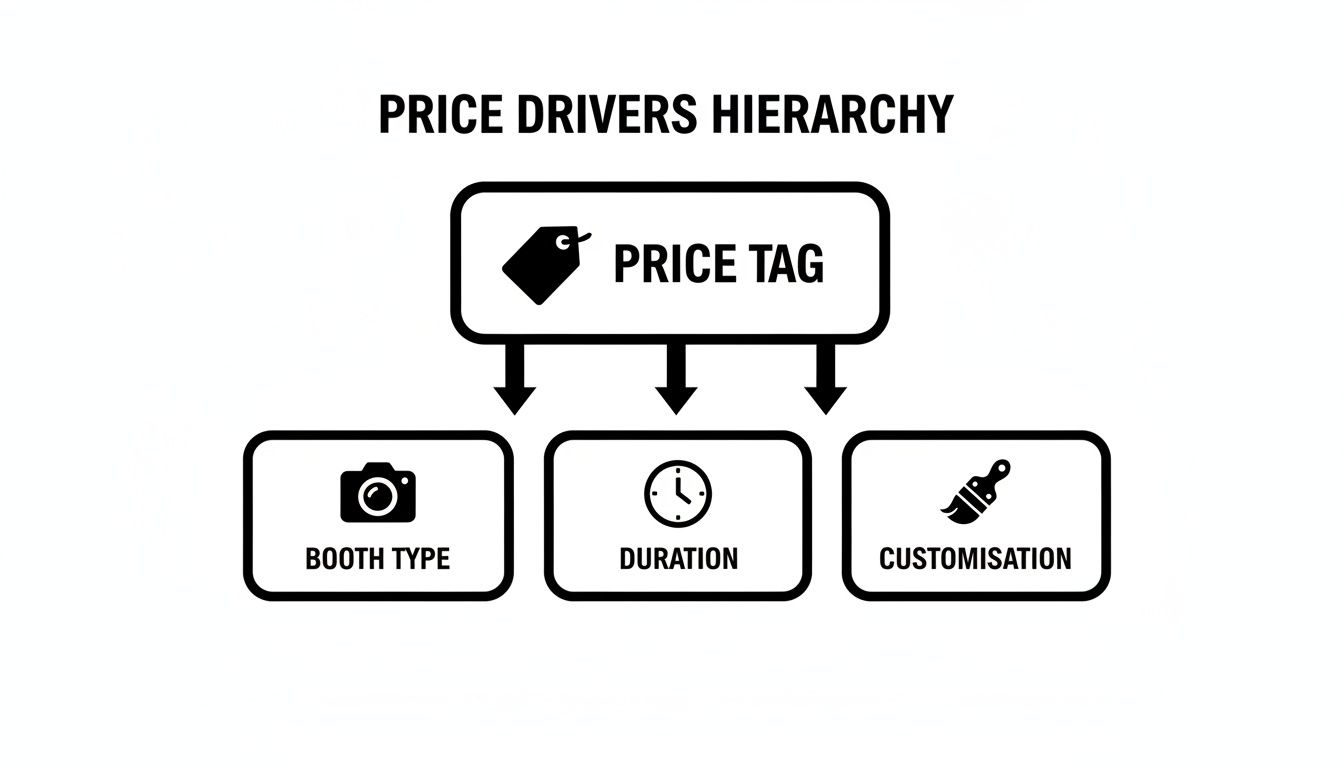 Hierarchy diagram illustrating photo booth price drivers: booth type, duration, and customisation.