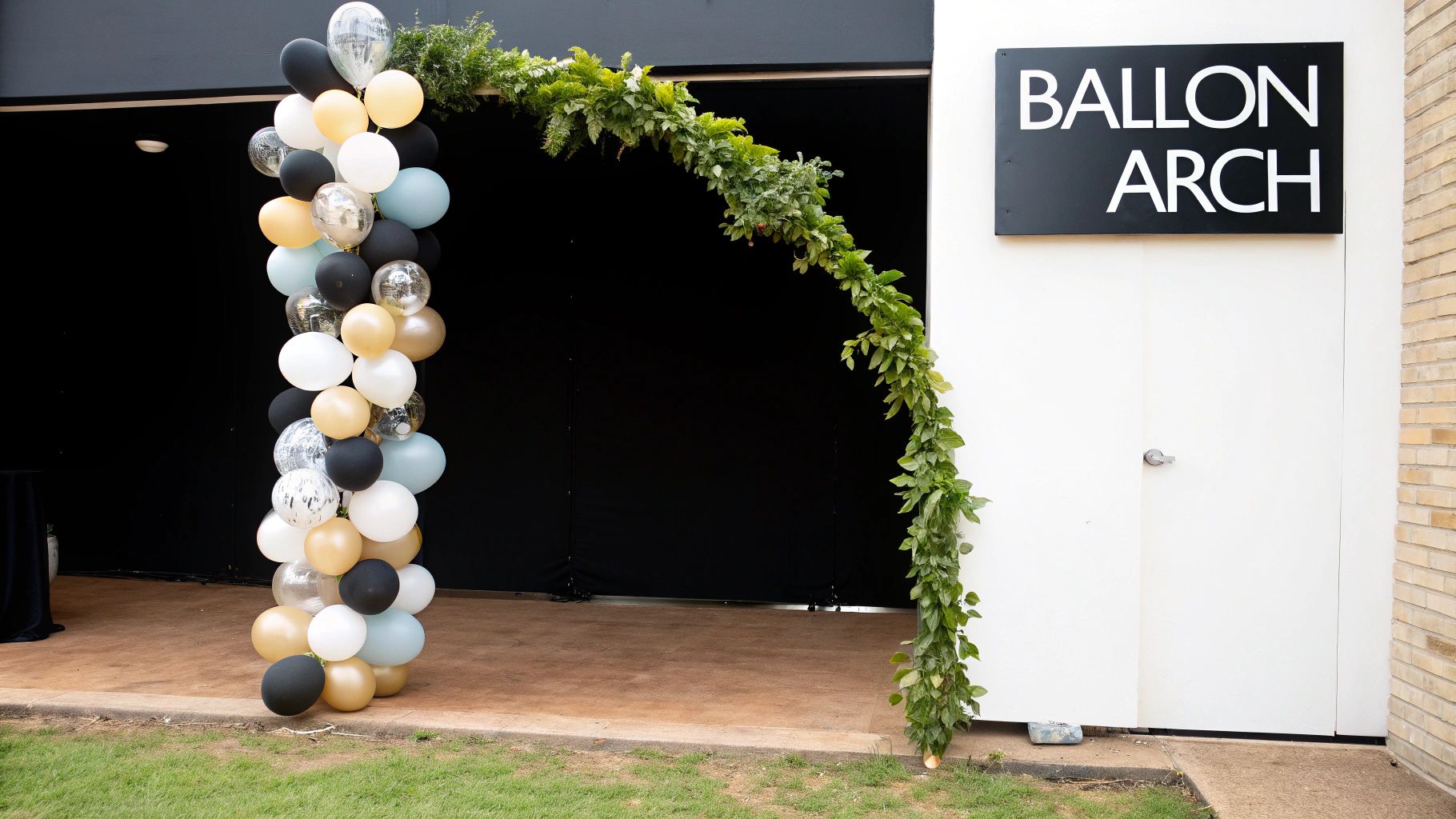 A grand, opulent balloon arch in shades of pink, gold, and white, creating a stunning entrance for a party.