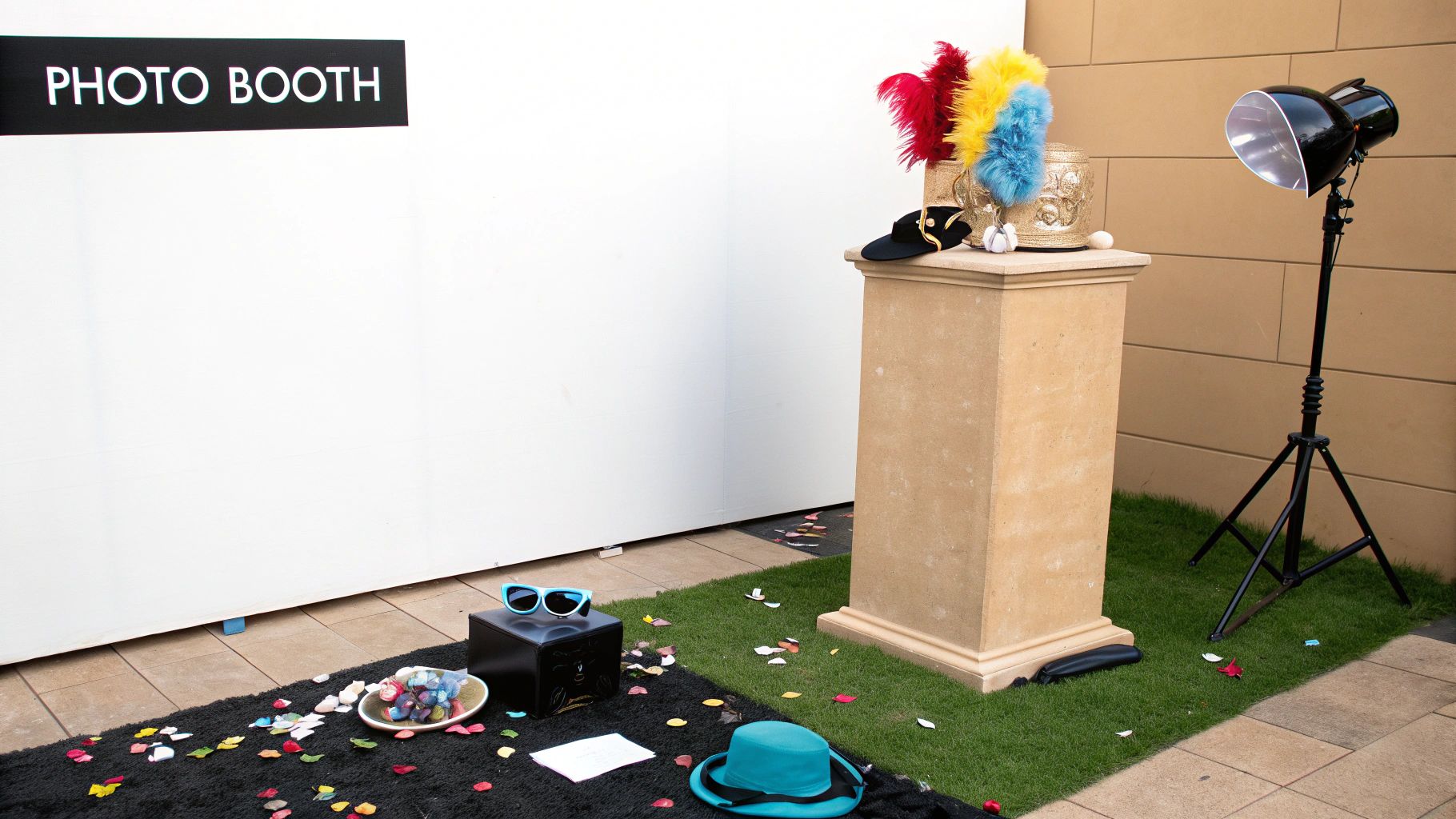 A chic, modern photo booth setup with a shimmering gold backdrop, fun props, and professional lighting at an adult birthday party.