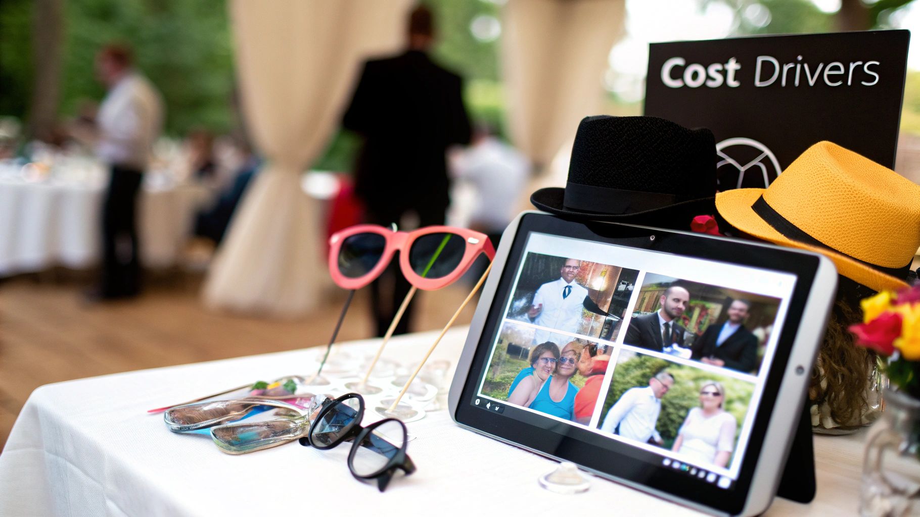 Guests laughing and posing with props in front of a wedding photo booth.