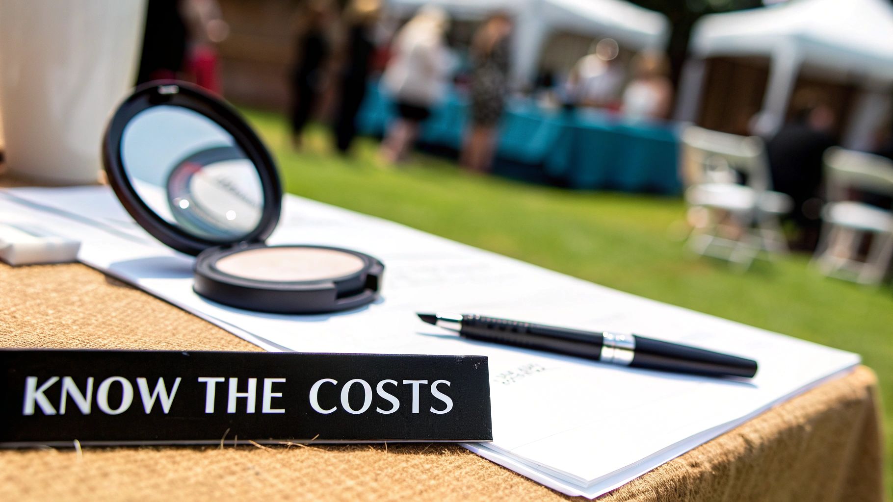 A table at an outdoor event displaying an open compact mirror, face powder, a pen, and a 'KNOW THE COSTS' sign.