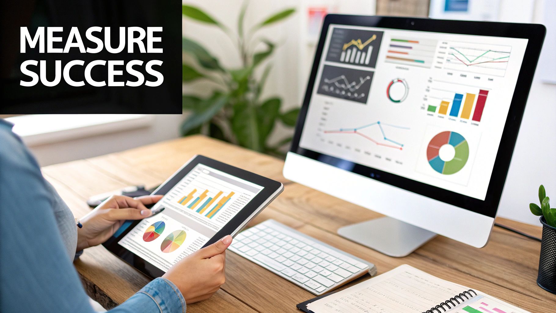 A person holding a magnifying glass over a bar chart, analysing brand awareness metrics on a screen.