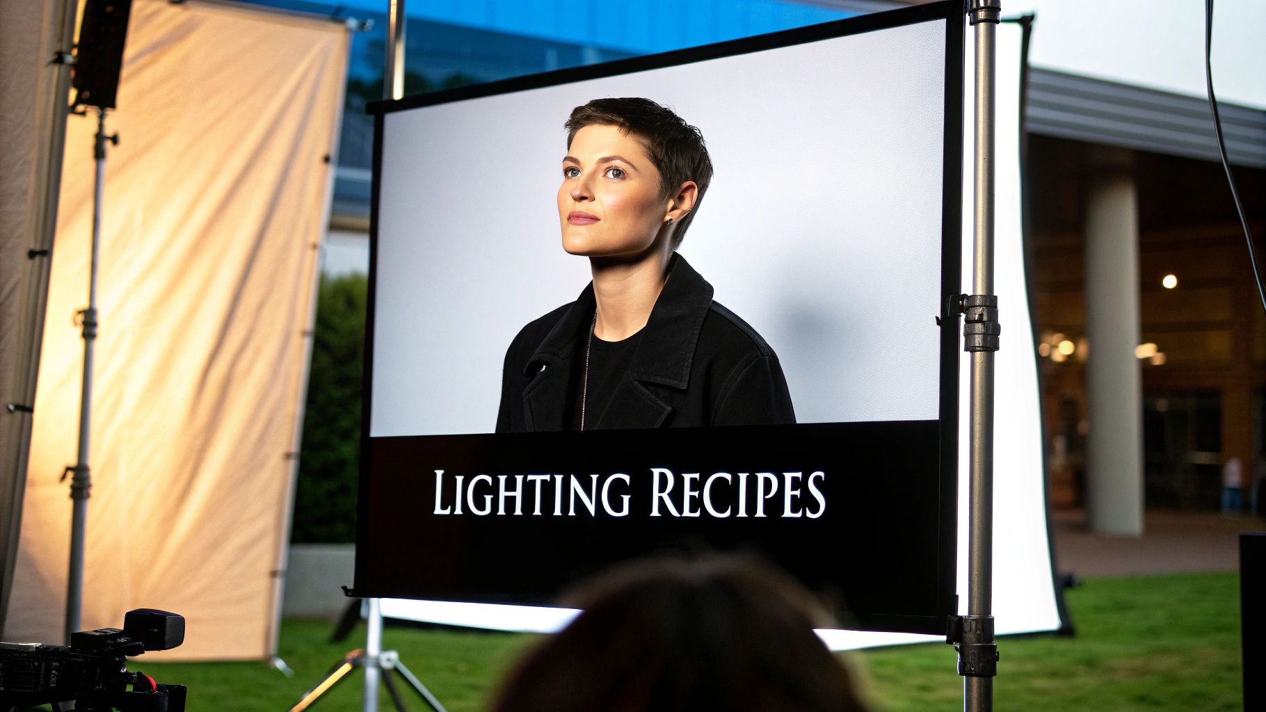 A screen displays a woman and 'LIGHTING RECIPES,' surrounded by professional photography studio equipment outdoors.