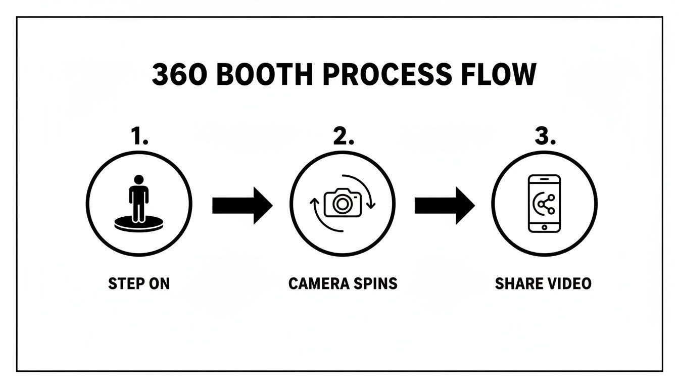 A 360 booth process flow with three steps: step on, camera spins, and share video.