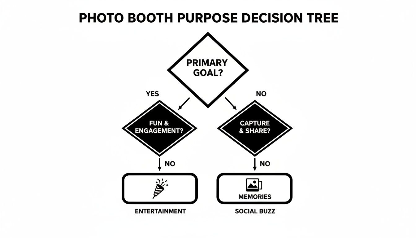 A photo booth purpose decision tree flowchart showing paths to entertainment or social buzz.