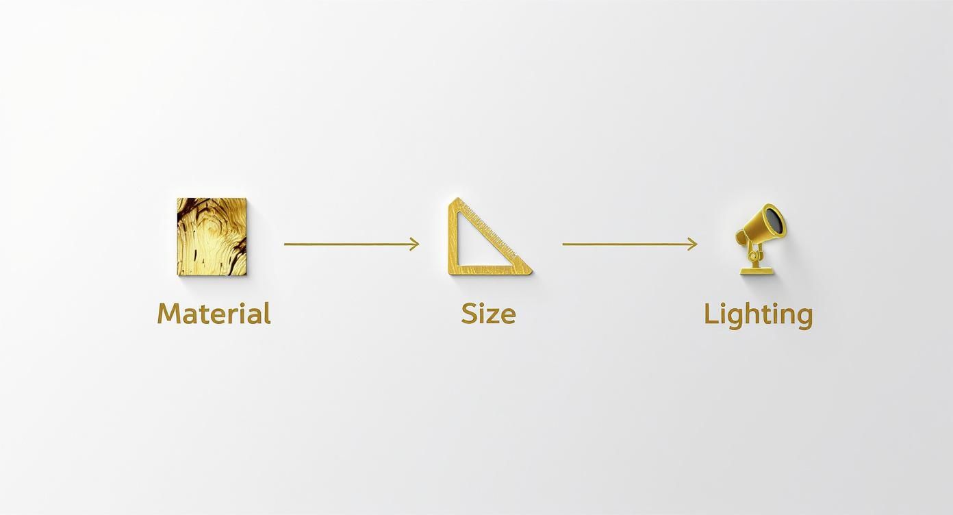 Golden icons representing Material (wood texture), Size (ruler), and Lighting (spotlight) in a linear process flow.
