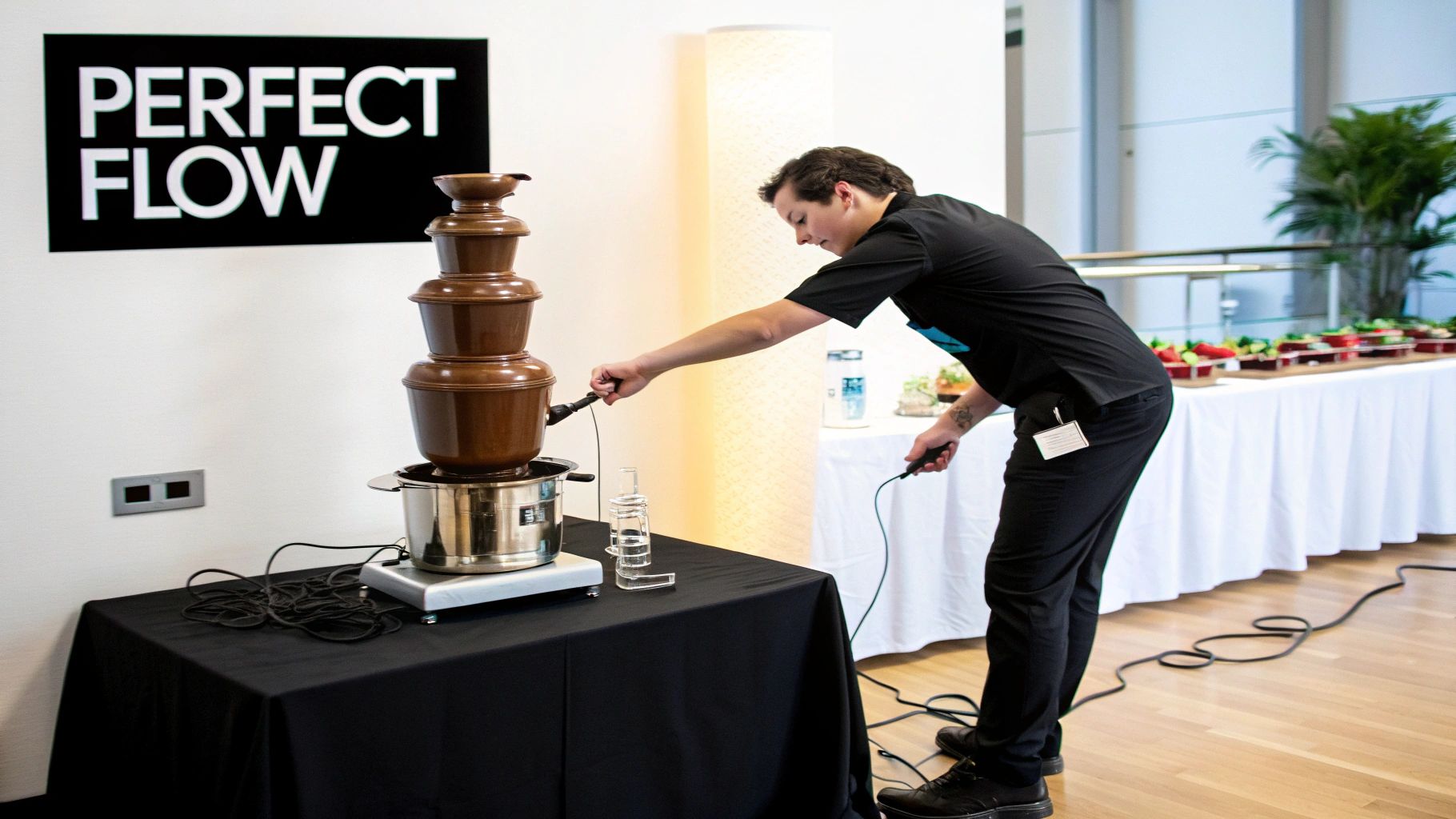 Man preparing a multi-tiered chocolate fountain at an event with 'PERFECT FLOW' sign.