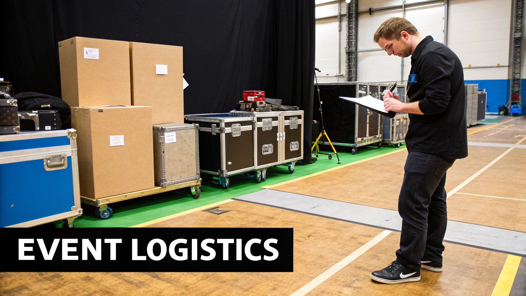 A man with a clipboard reviews inventory next to stacked boxes and flight cases in an event logistics setting.