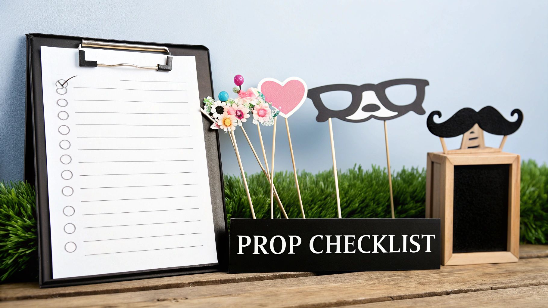 Clipboard with a prop checklist alongside fun photo booth props: flowers, heart, glasses, and mustache.