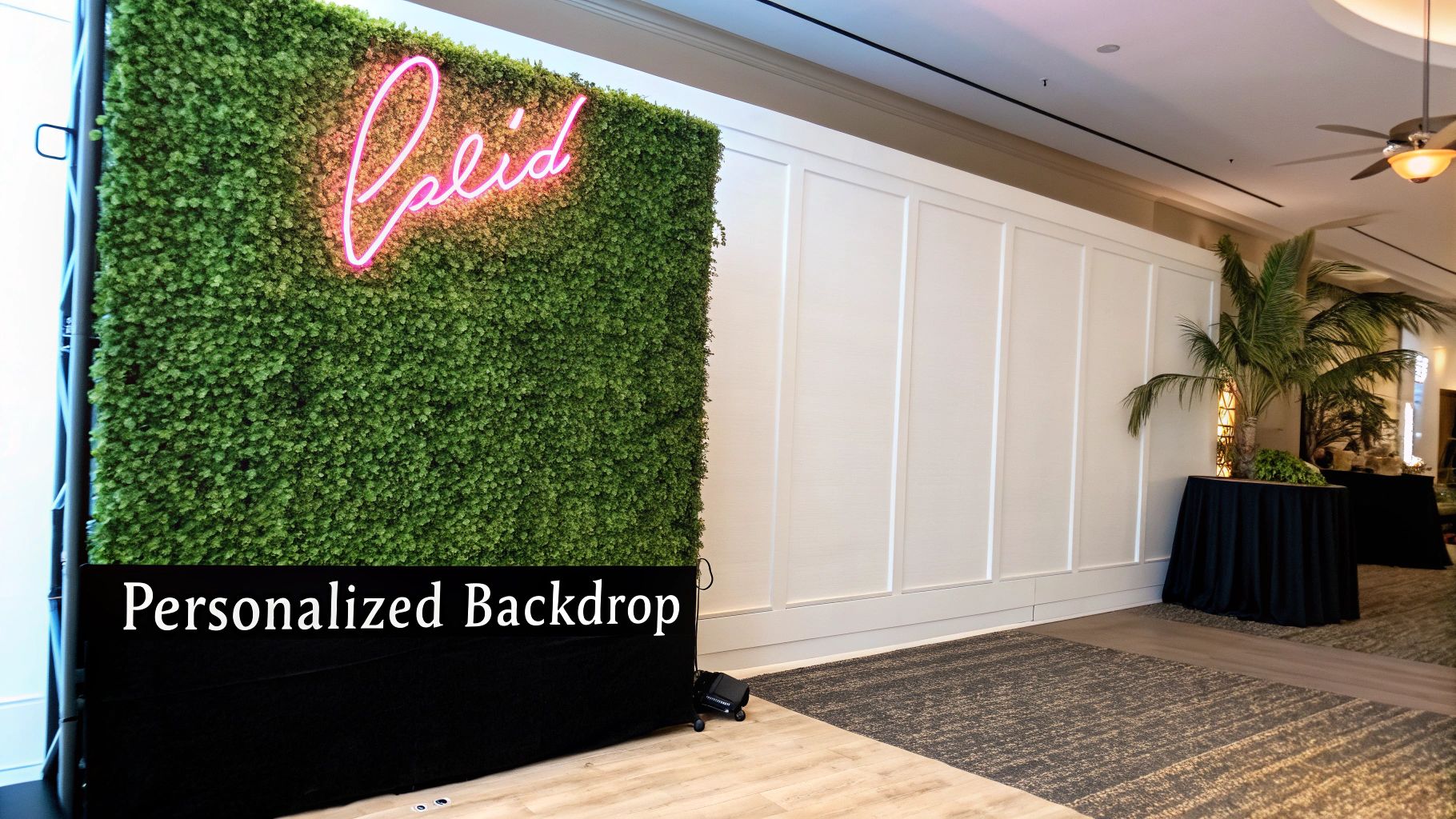 A lush green moss wall with a custom pink neon sign, set up as a stylish event backdrop.