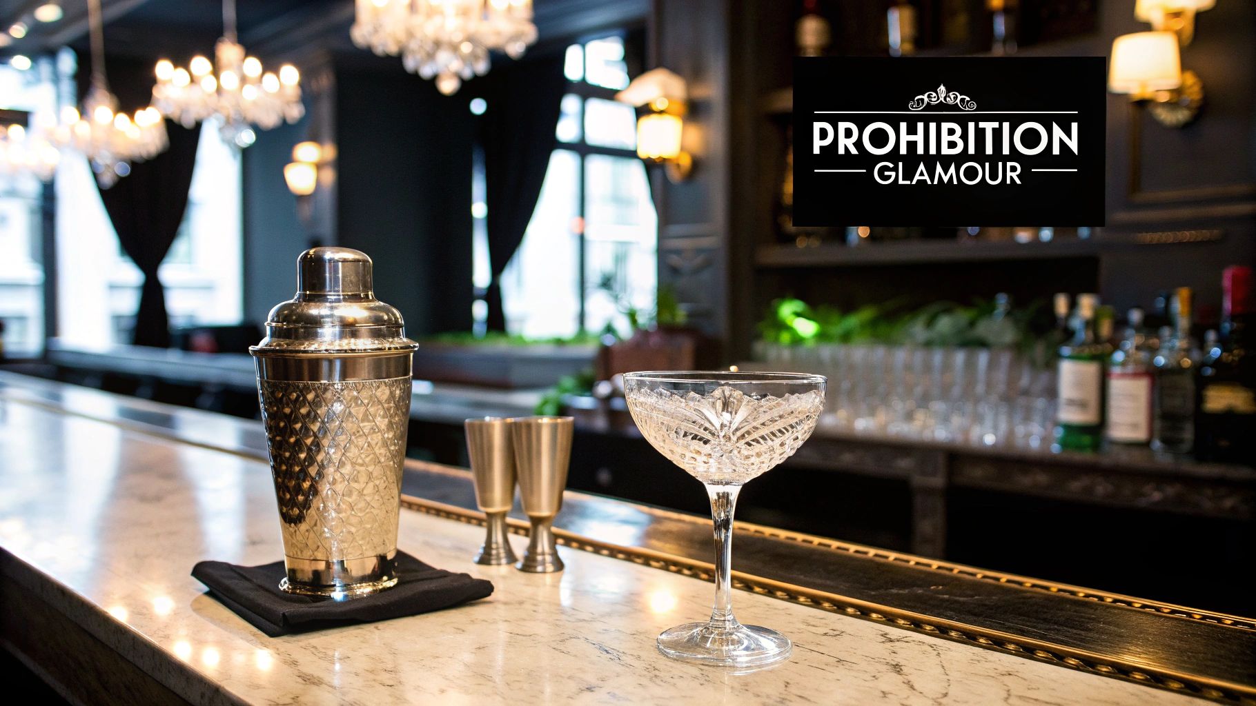 A glamorous 1920s-themed party setup with gold and black decorations, feather boas, and champagne glasses, capturing the essence of a Vintage Speakeasy.