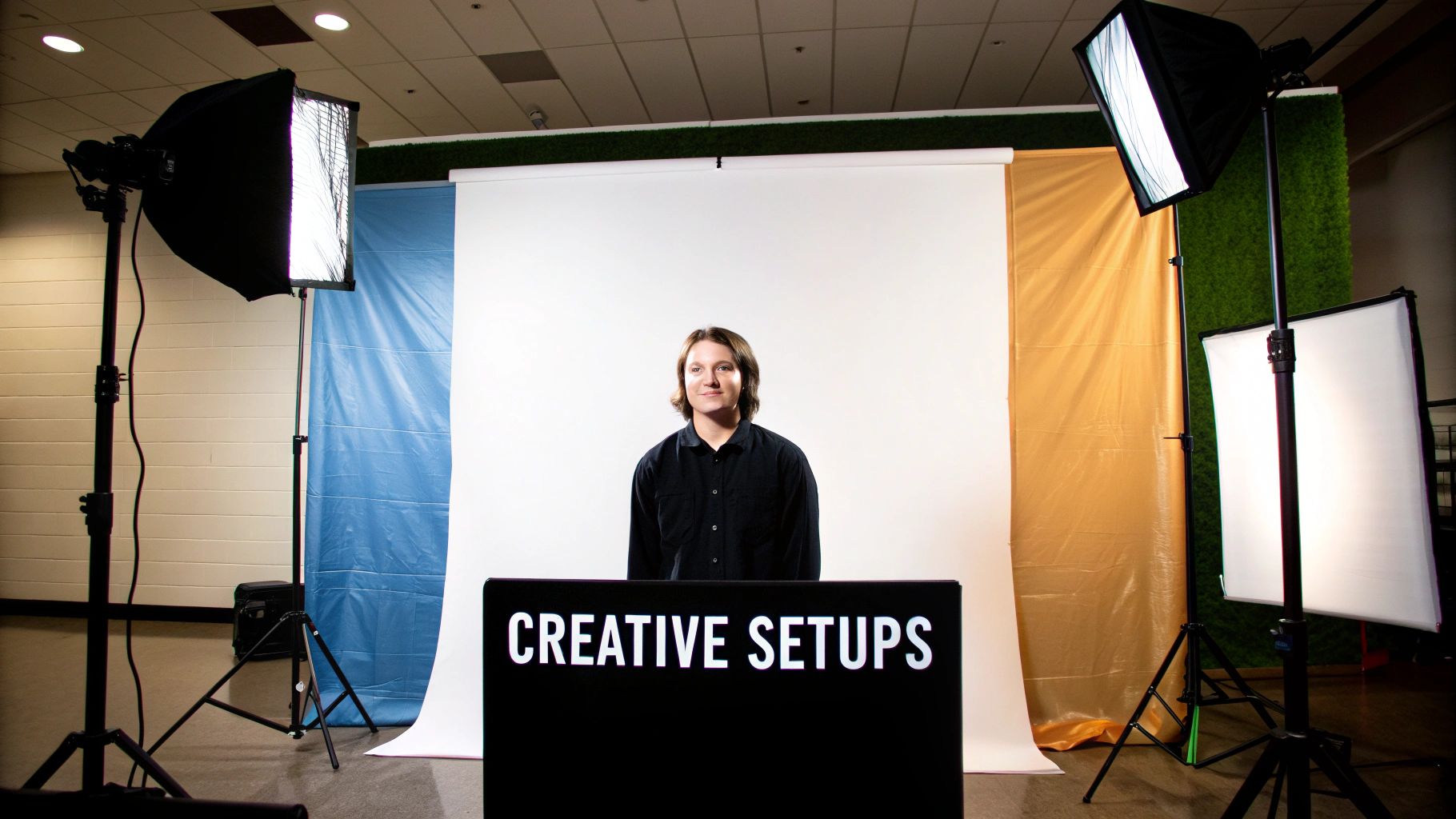 A person smiles in a photography studio with professional lighting and colored backdrops.