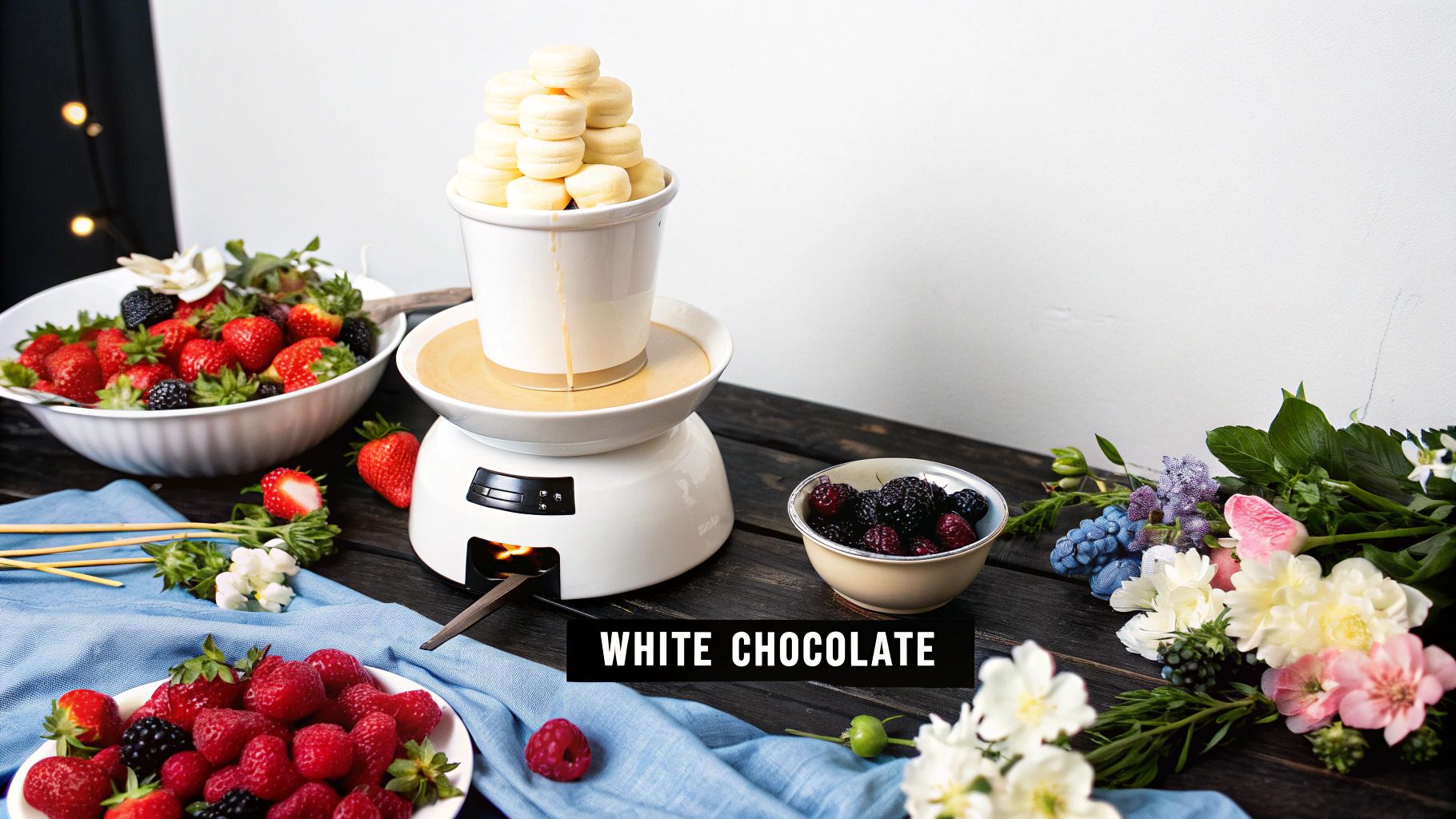 A white chocolate fondue fountain with macarons, strawberries, raspberries, and blackberries on a wooden table.