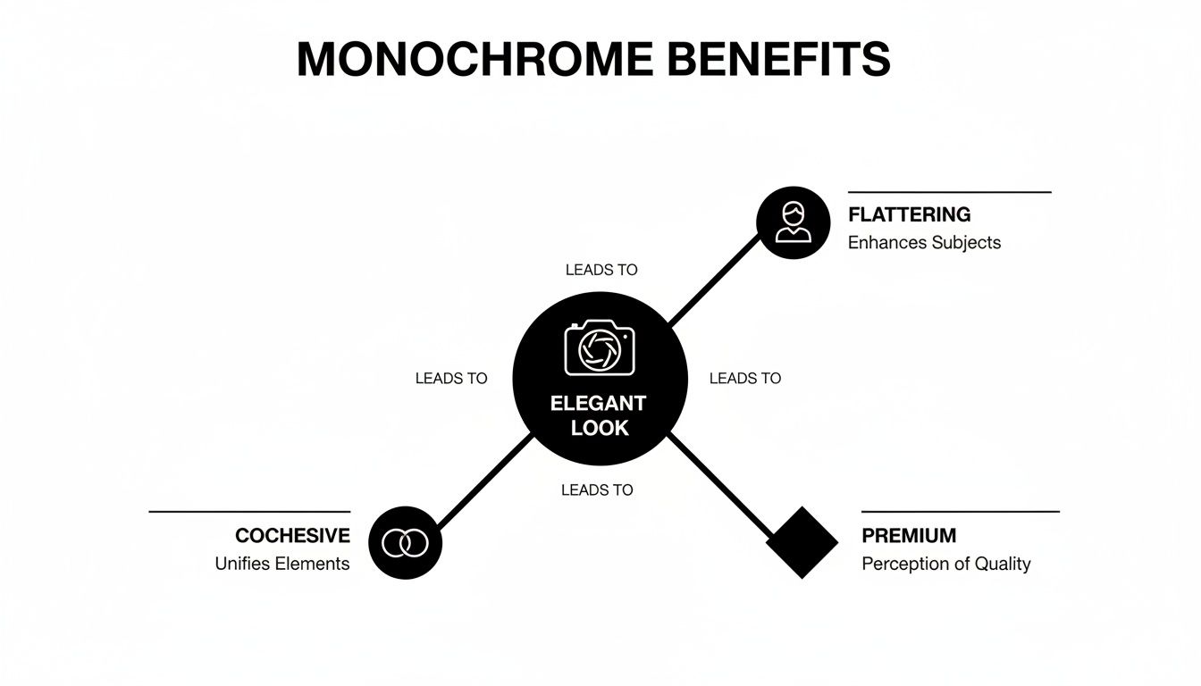 Infographic illustrates monochrome photography benefits: an elegant look enhances subjects, unifies elements, and conveys premium quality.