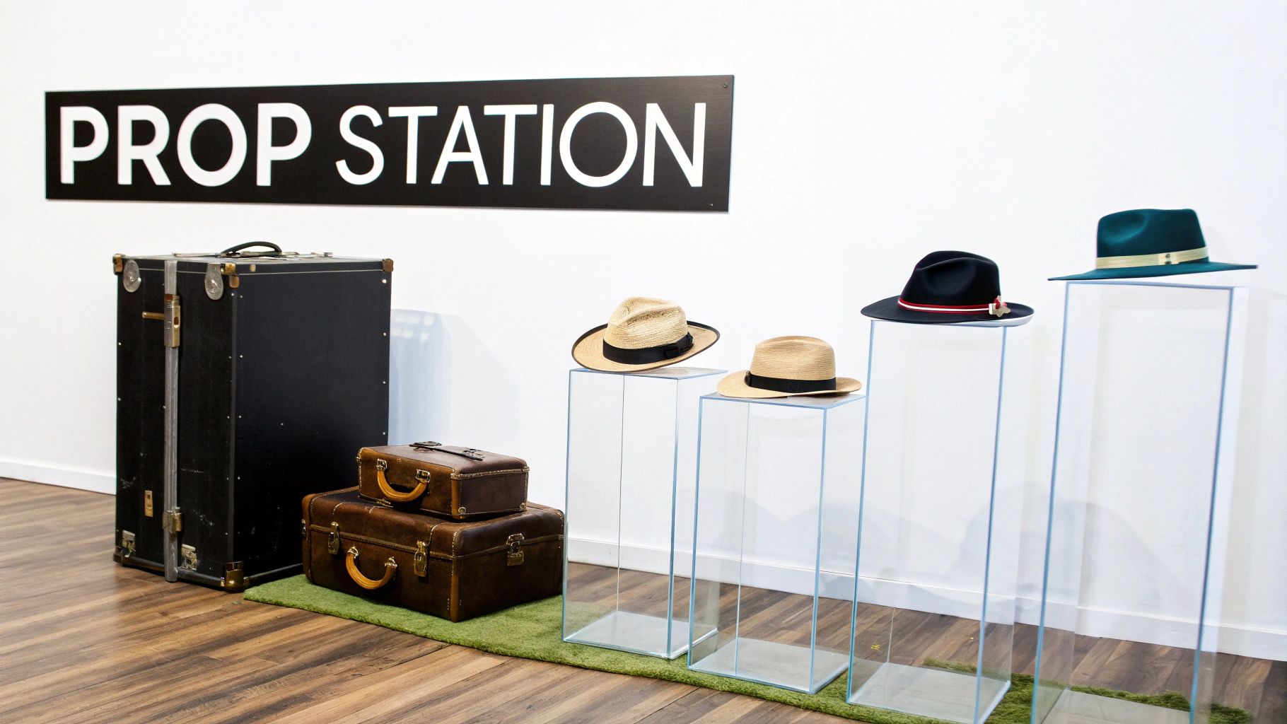 Prop station display with vintage suitcases and hats on clear pedestals for photo booth