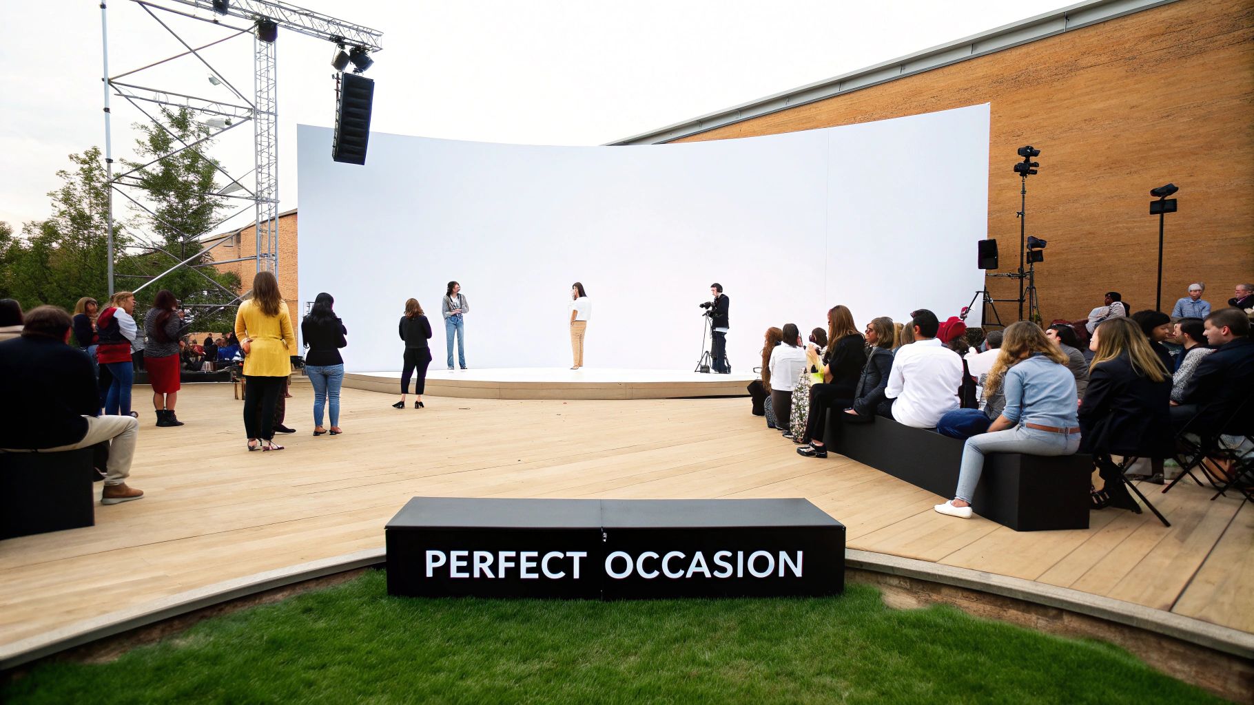 Outdoor event with an audience watching a presentation on a curved white stage, with a 'PERFECT OCCASION' sign.