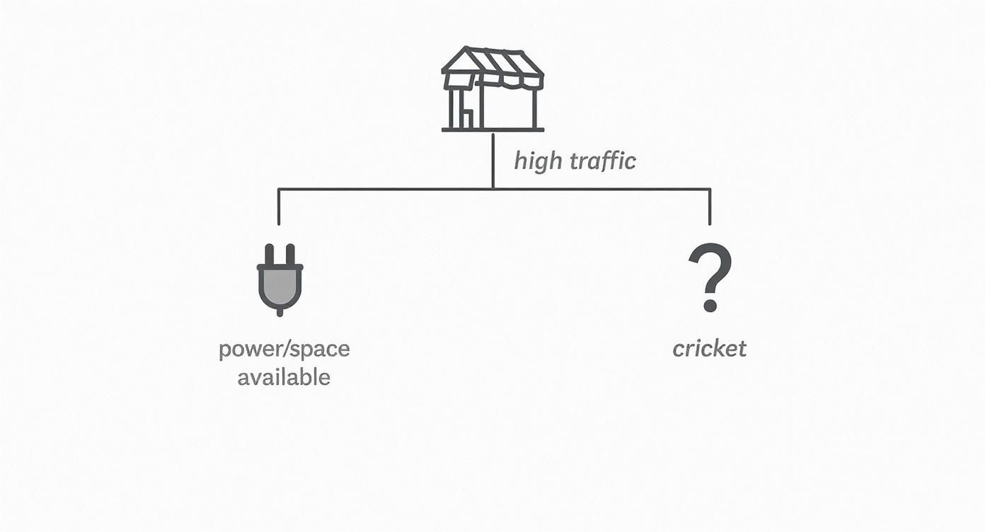 Diagram illustrating conditions for a high traffic shop, including power/space available and a question about cricket.