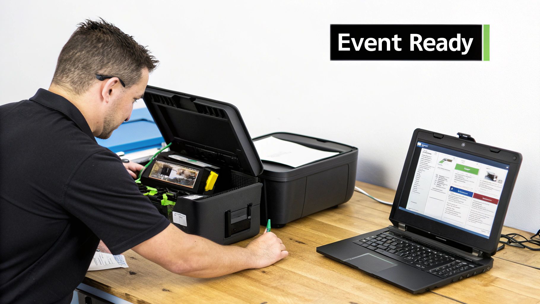A technician prepares a specialized printer and laptop for an event on a wooden desk.