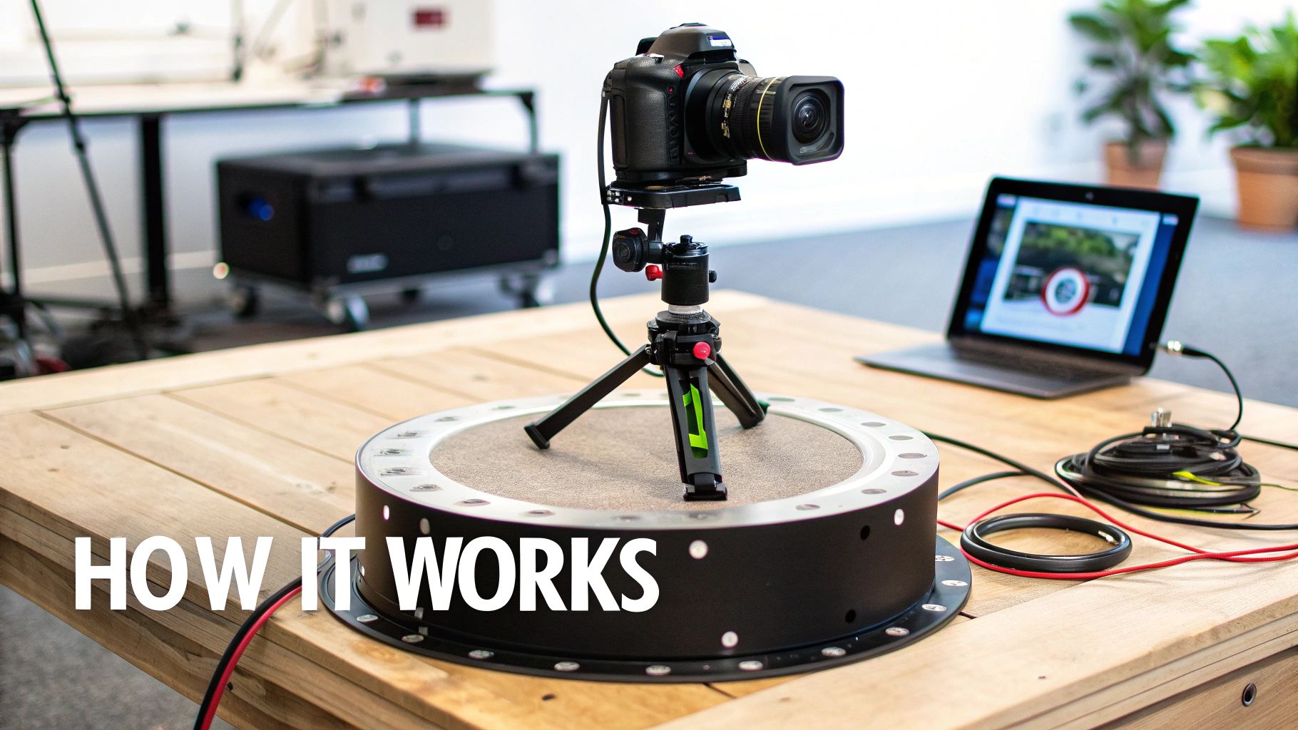Guests posing on the platform of a 360 camera photo booth