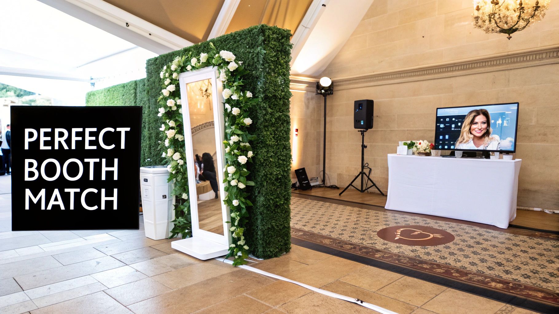 A stylish event setup with a mirror photo booth, a green hedge wall decorated with white flowers, and a display screen.