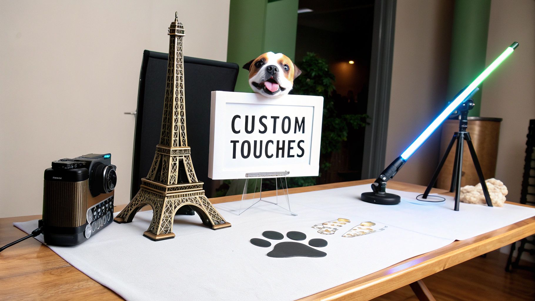 A creative photo booth setup on a table with an Eiffel Tower replica, dog prop, custom sign, and LED light.
