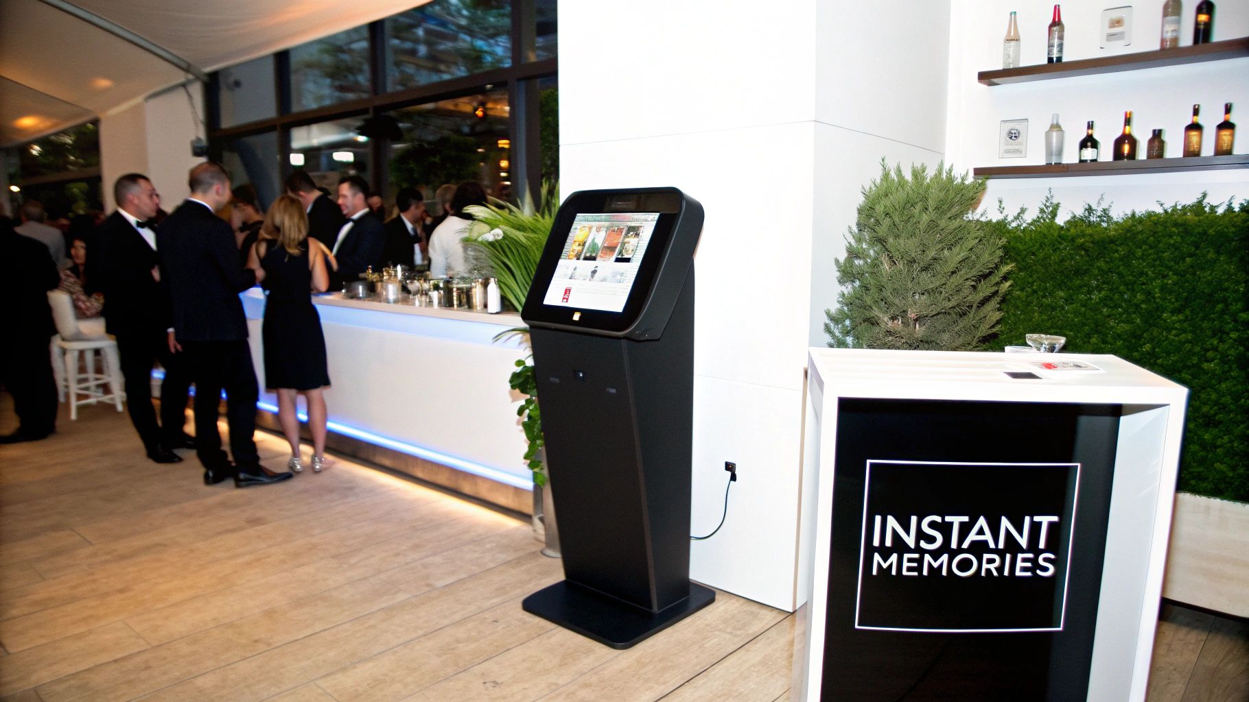 A black digital kiosk and an "Instant Memories" stand at a formal event with people near a bar.