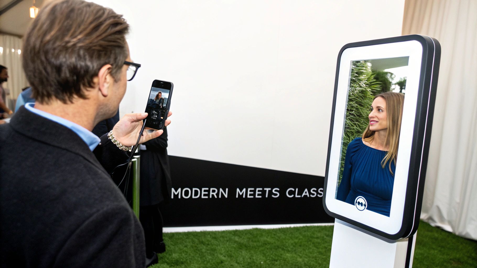 Man uses smartphone to photograph woman posing in a modern mirror photo booth.