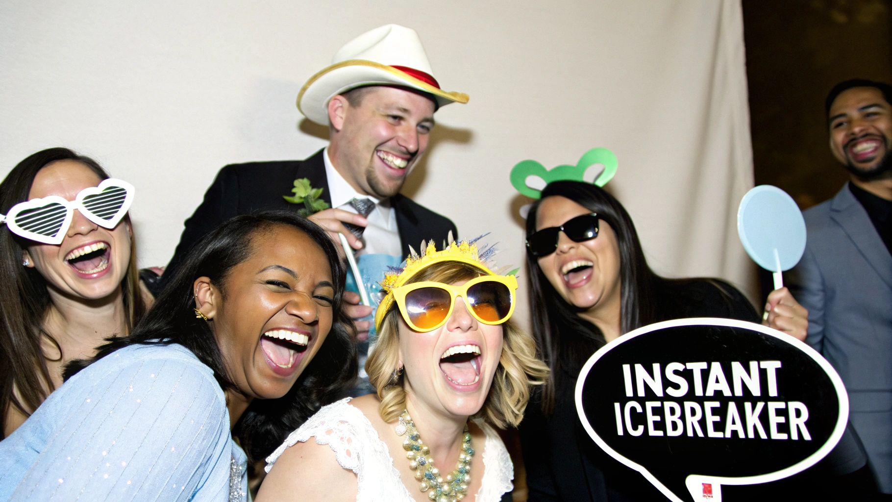 A group of friends laughing and using colourful photobooth wedding props.
