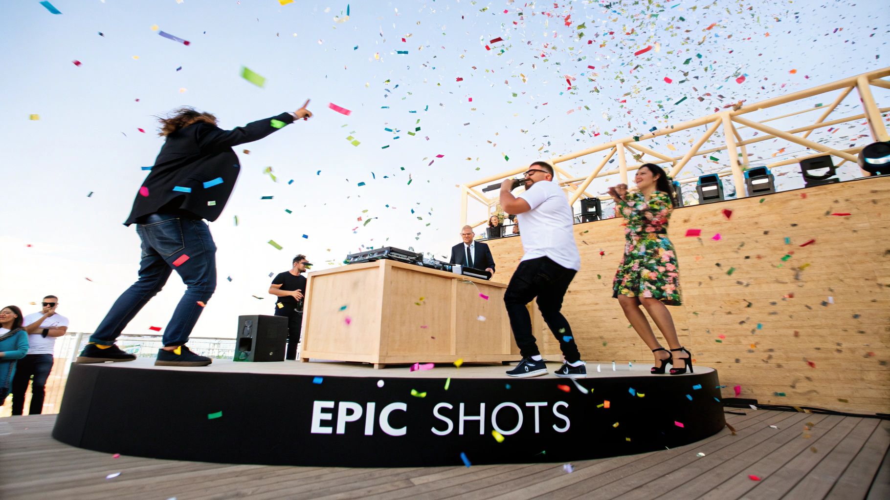 Energetic outdoor event with people on a stage, colorful confetti falling, and a DJ booth.