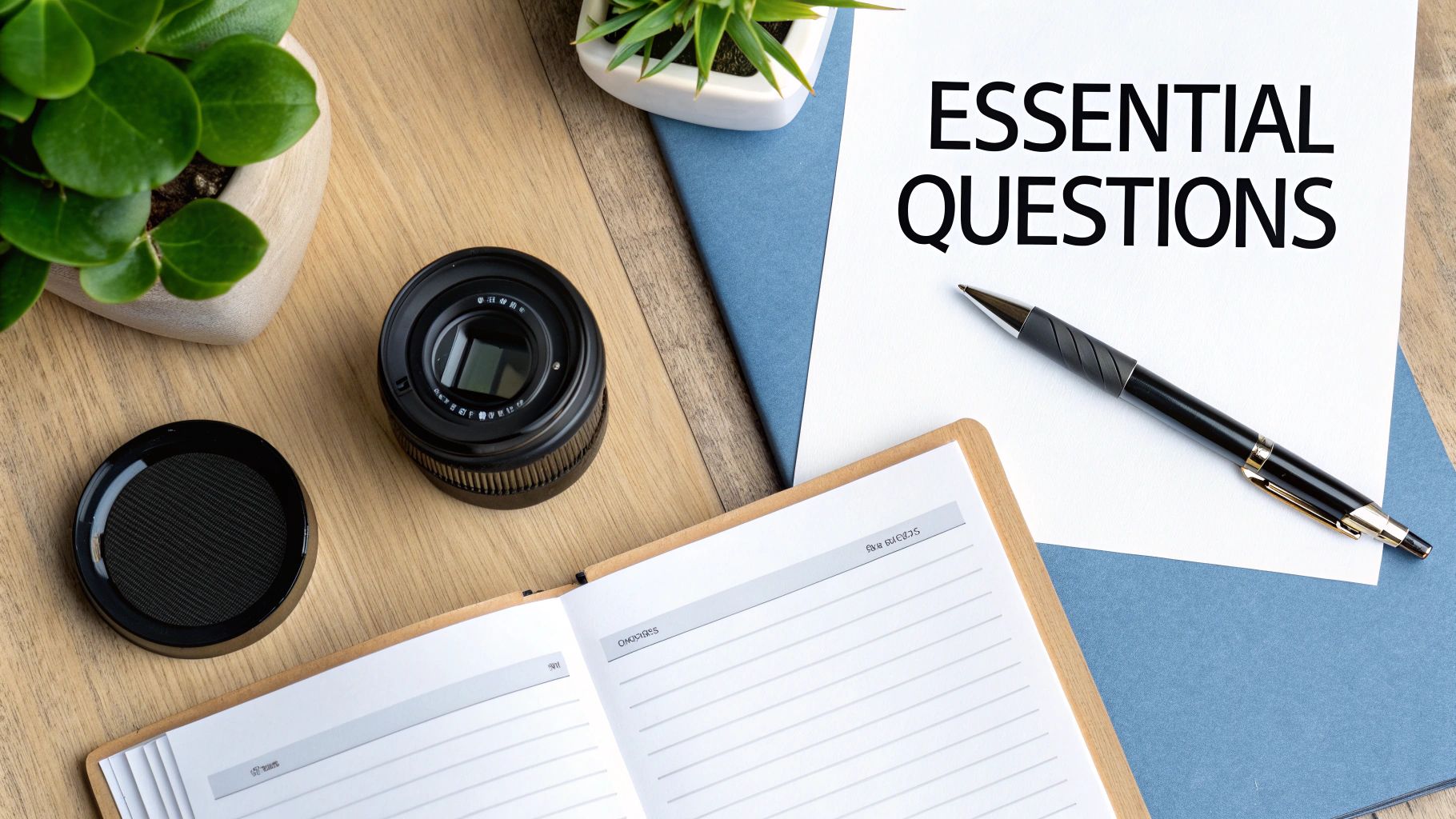 A flat lay of a desk with a plant, camera lens, pen, and notebook, featuring 'ESSENTIAL QUESTIONS' text.