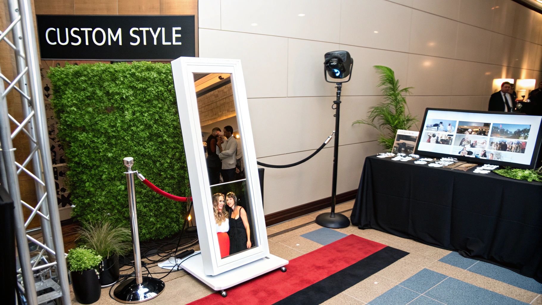 Guests at a wedding happily taking a photo in a stylish mirror photo booth with a floral backdrop.