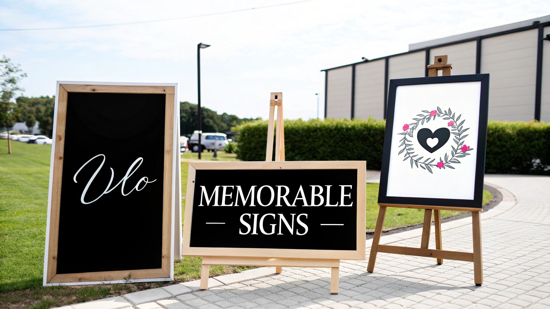 Three elegant event signs, including a blackboard with 'Vlo', a 'MEMORABLE SIGNS' display, and a heart wreath graphic.
