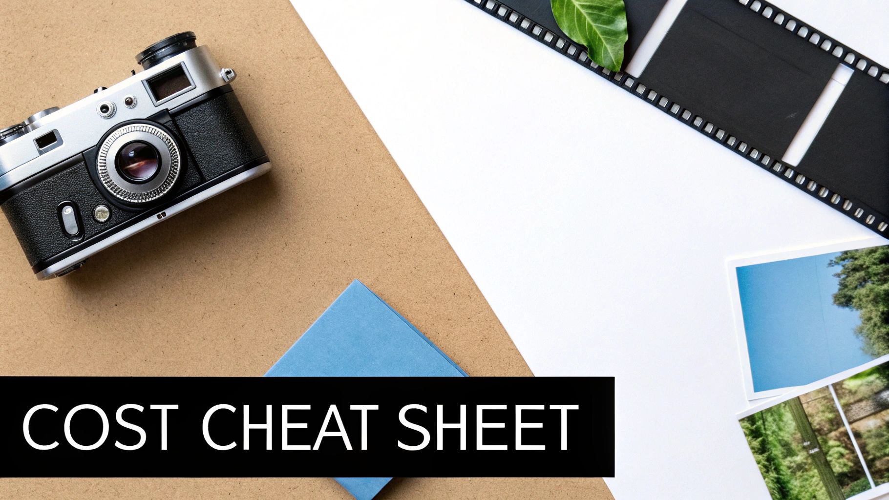 A flat lay features a vintage film camera, film strip, printed photos, and a blue notepad on a split background with 'COST CHEAT SHEET' text.