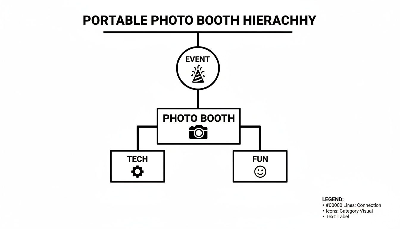 A black and white hierarchy diagram showing the components of a portable photo booth: Event, Photo Booth, Tech, and Fun.
