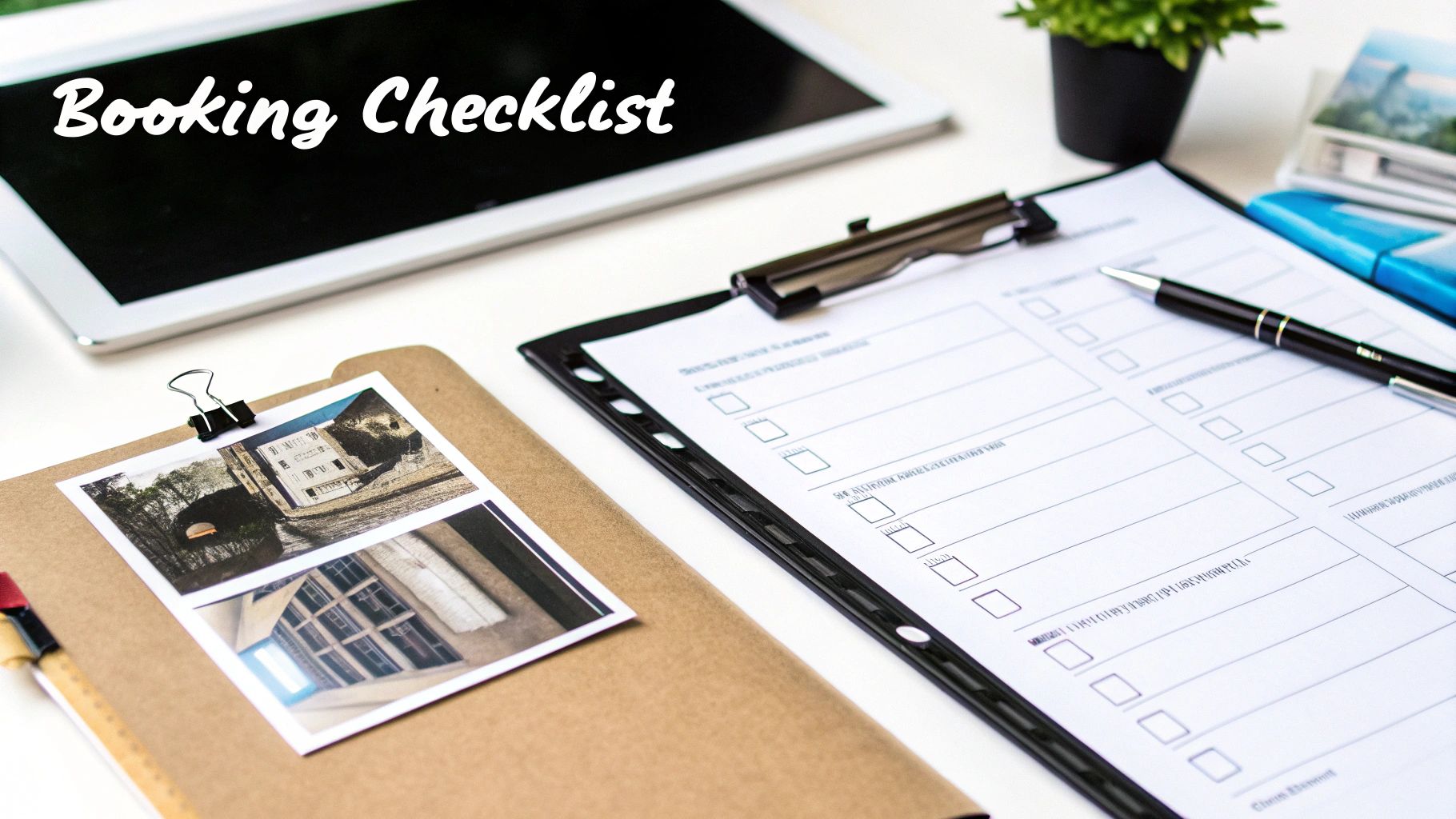A white desk with a tablet showing 'Booking Checklist', a clipboard with a pen, and photos.