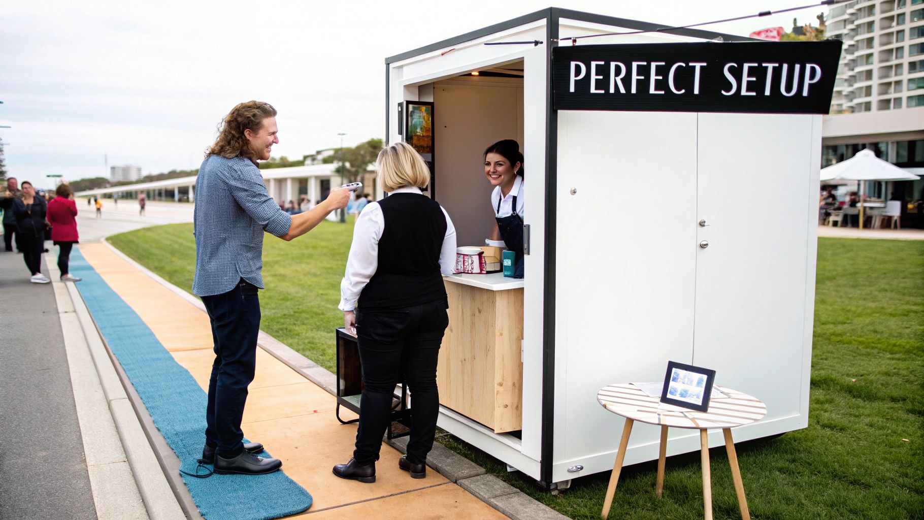 Man and woman interact with a smiling vendor at a portable outdoor kiosk labeled 'Perfect Setup'.