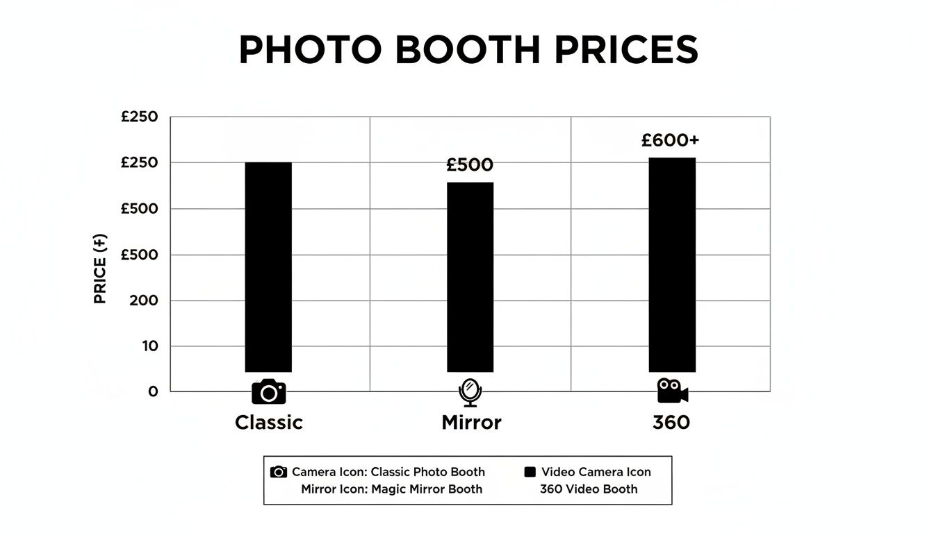 Bar chart displaying photo booth prices: Classic (£250), Mirror (£500), and 360 (£600+).