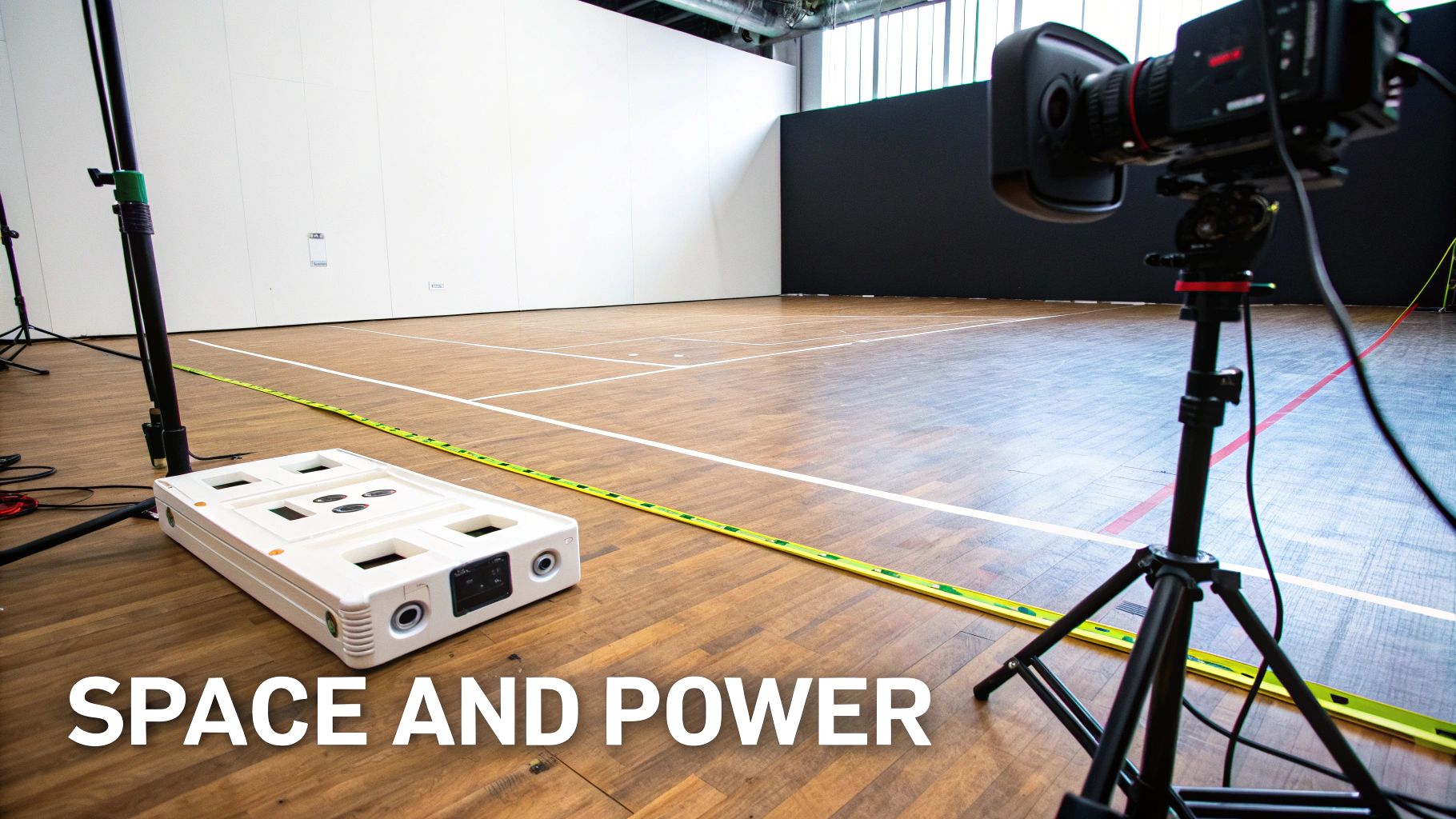 An indoor sports court with a camera on a tripod, a white device, and measuring tape.